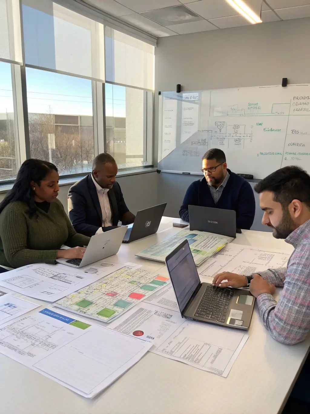 A diverse group of business professionals collaborating in a workshop, brainstorming ideas and developing innovative solutions for their businesses.