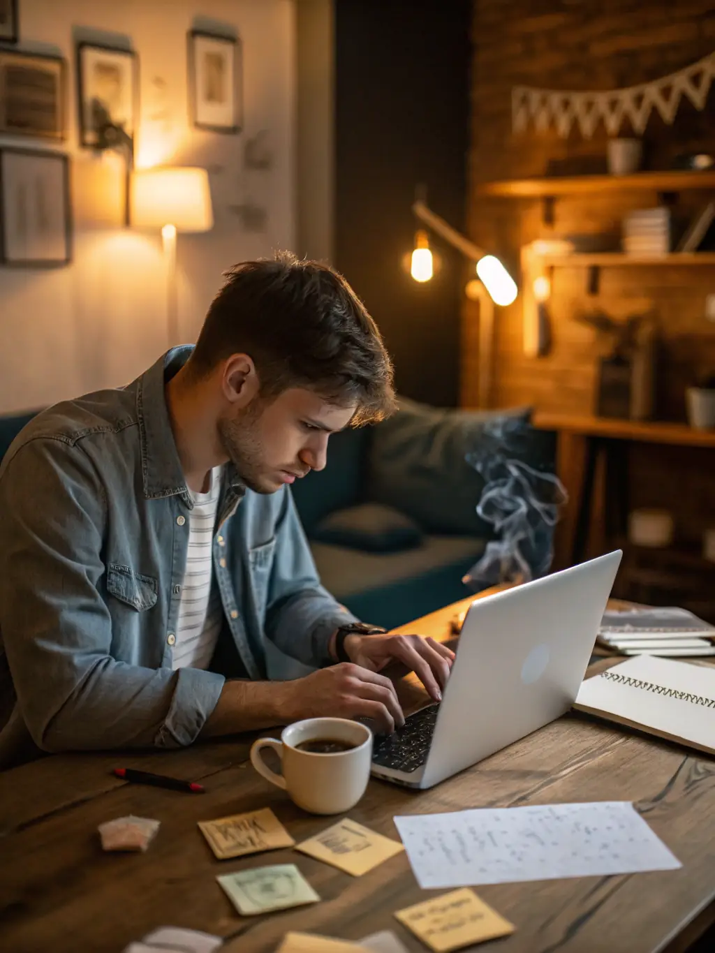 A UK-based entrepreneur looking confident and determined, working on a laptop in a co-working space, symbolizing business growth and success.