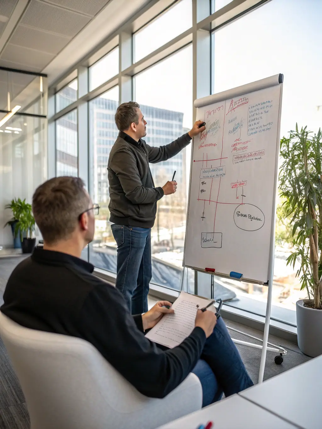 A professional business coach is guiding a client through a strategic planning session, using visual aids like charts and graphs to illustrate momentum-building strategies.