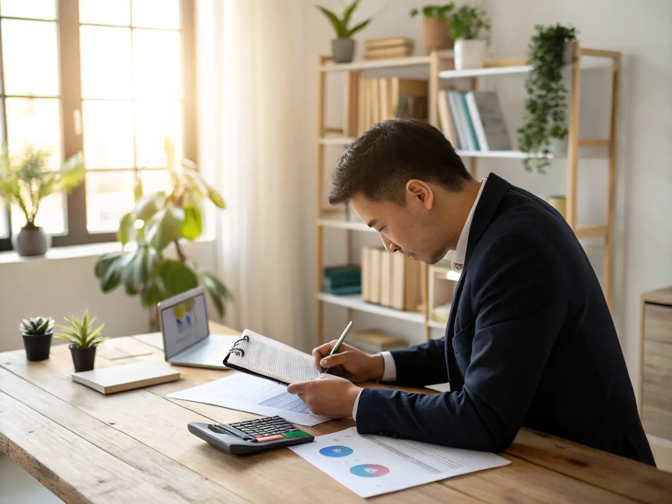 A determined business owner in a modern office setting, reviewing financial reports with a focused expression, symbolizing strategic planning and financial acumen.