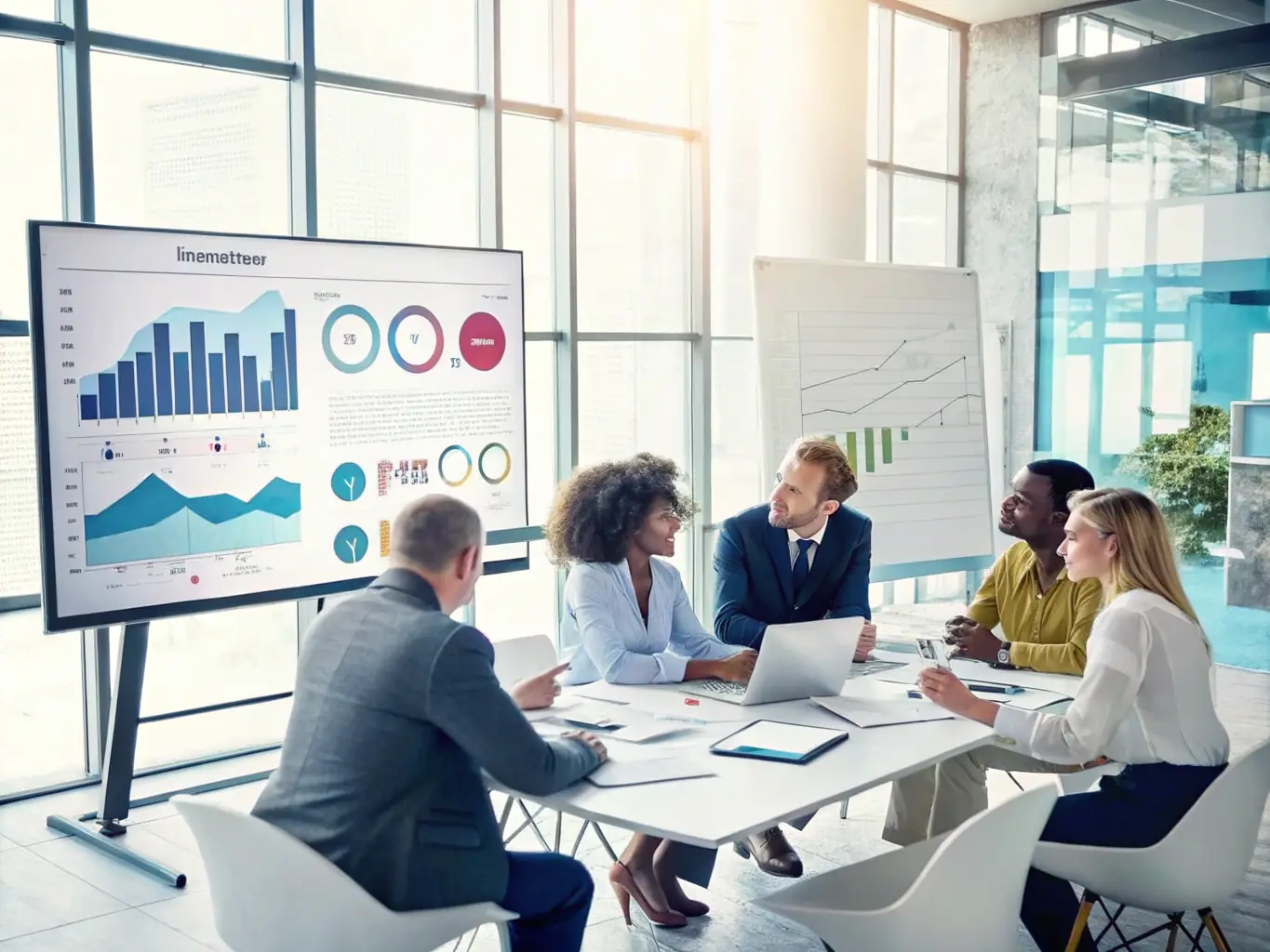 A collaborative brainstorming session in a vibrant co-working space, with team members actively participating and generating innovative ideas on a whiteboard.