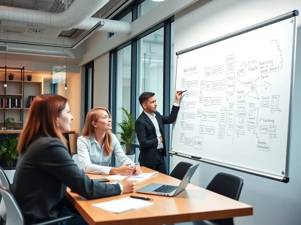 A business coach in a professional setting, guiding a client through a problem-solving exercise, emphasizing active listening and solution-oriented strategies.